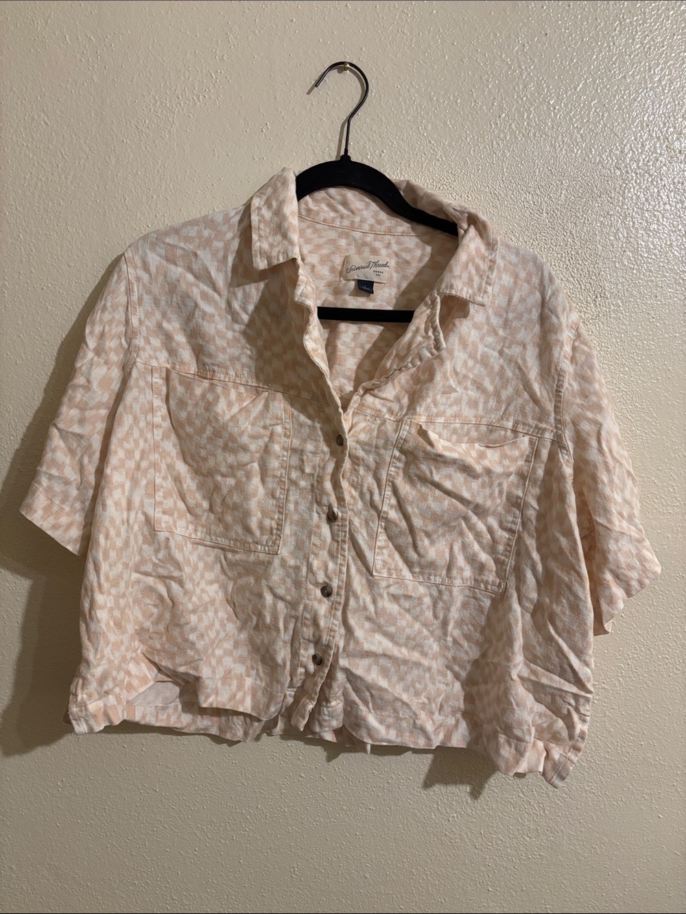 Light Tan gingham Short-Sleeve Button-Up crop Shirt